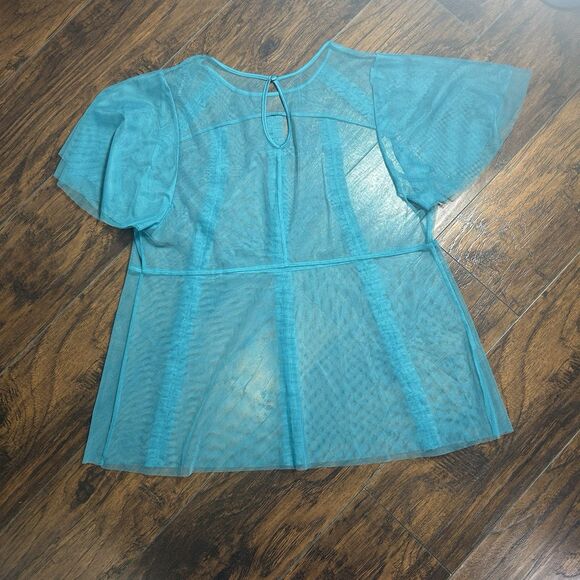 Lane Bryant Sheer Teal Ruffle Sleeve Blouse Wispy 18/20 Mesh Romantic Plus NWT - Picture 6 of 6